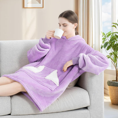 Wearable Blanket Hoodie, Oversized Sherpa Fleece Sweatshirt Blanket with Giant Hood Pocket and Sleeves for Adult, Warm & Cozy Grey Blanket Gifts for Women