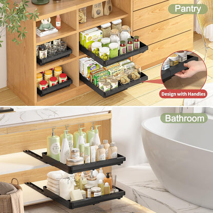 DOMNIU Pull Out Cabinet Organizers Expandable,White,16.9"Depth,2 Pack | Slide Out Drawers for Kitchen, Bathroom, Pantry, Under Sink Storage, Fixed with Adhesive Nano Film (11.6''-17.5'')