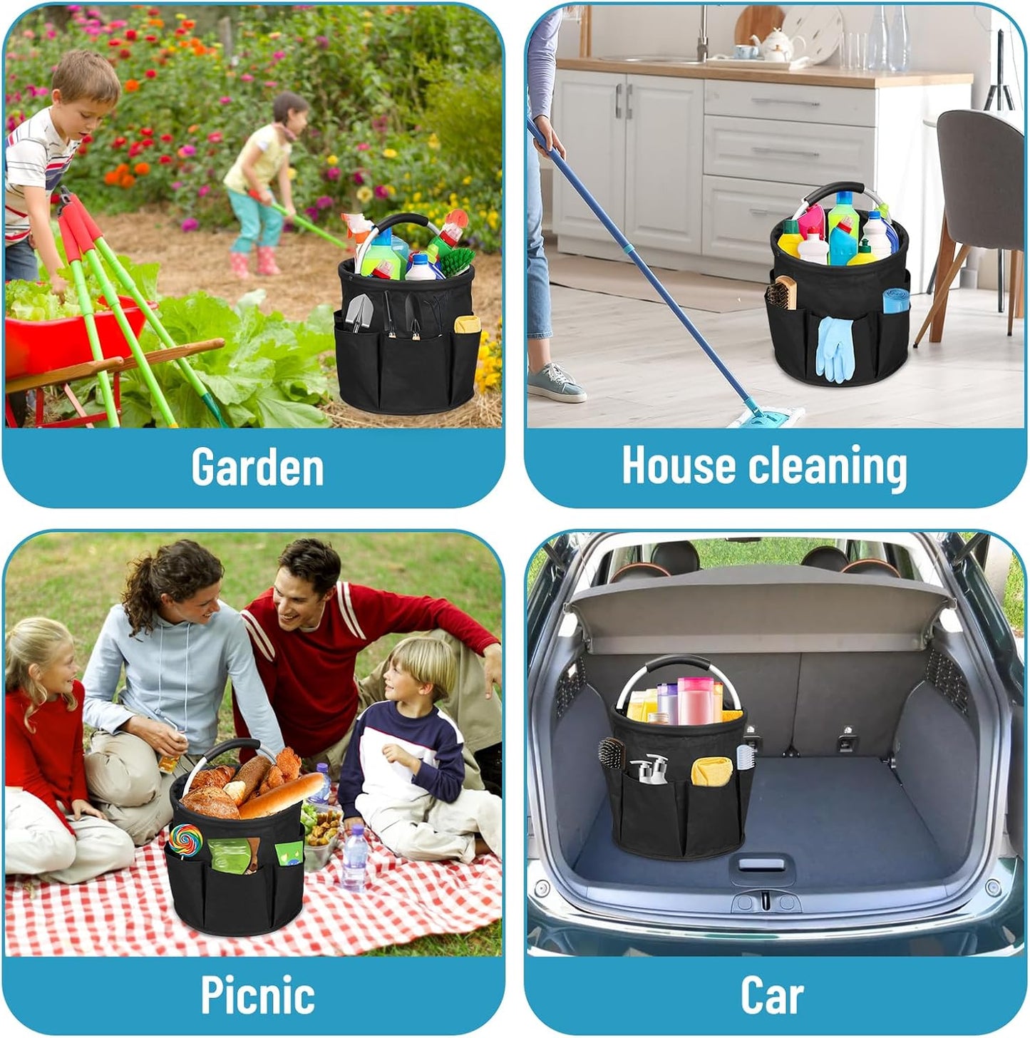Qivine 17L Cleaning Caddy with Handle, Foldable Cleaning Supply Caddy(Blue) | Cleaning Caddy for Cleaning Supplies, Portable Cleaning Supplies Organizer with 6 Pockets, Cleaning Bucket for Kitchen Garden