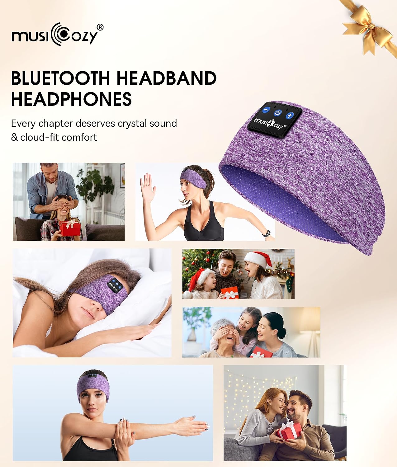 MUSICOZY Sleep Headphones Bluetooth 5.4 Headband, Wireless Earphones Music Sleep Earbuds Sleeping Eye Mask with HD Stereo Speakers for Workout Running Travel Yoga, Ideal Gifts for Men Women Mom Dad