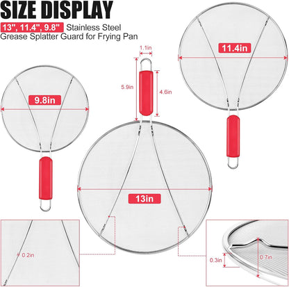 Stainless Steel Splatter Screen for Frying Pan - 9.8" 11.4" 13" Ultra Fine Mesh Grease Splatter Guard, Hot Oil Splatter Guard Shield Grease for Cooking, Kitchen Splash Guard to Prevent Oil Splatter