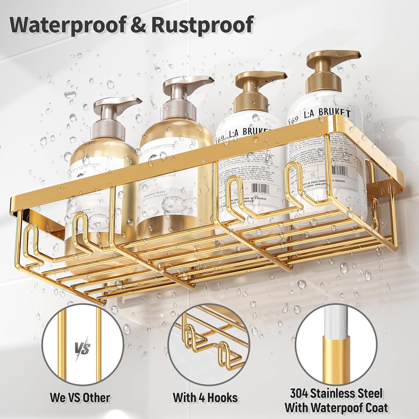 Liuoud 5 Pack Shower Caddy for Inside Shower, Gold Bathroom Storage Decor | Large Rustproof Stainless Steel Organizer with Strong Adhesive, No Drilling Wall Mounted Shelves, Bathroom Accessory Set