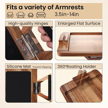 Acacia Wood Couch Arm Tray，Folding Sofa Armrest Table | Clip-On Couch Desk,Foldable, Non-slip,No Assembly，for Drinks Snacks Phone，Remote Control
