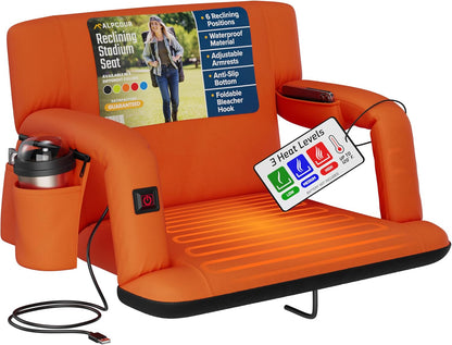 Heated Reclining Stadium Seat for Bleachers – Wide Bleacher Chair with Back Support and Cushion, Armrests, Side Pockets, & Hook – Stadium Seats Chairs for Camping, Kayak, Paddle Board & More