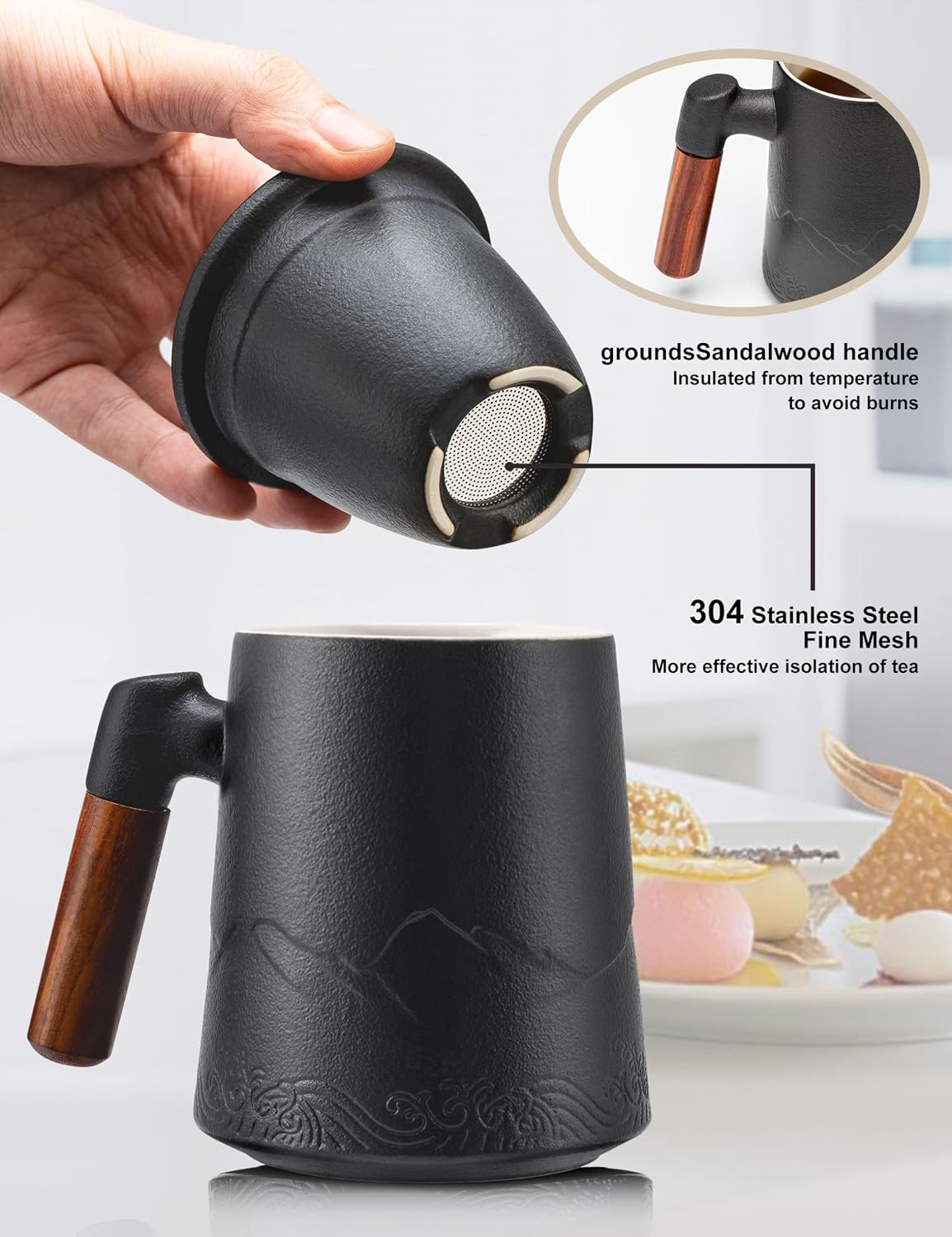 suyika Tea Cup with Infuser and Lid, 15.2 Ounce Wood Handle Ceramic Loose Leaf Mug Gradient Black&Green 450ml