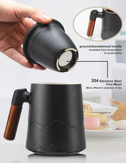 suyika Tea Cup with Infuser and Lid, 15.2 Ounce Wood Handle Ceramic Loose Leaf Mug Gradient Black&Green 450ml