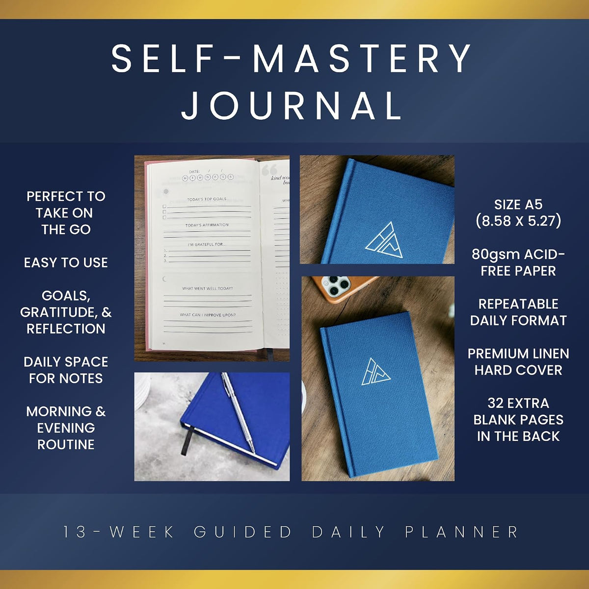 Self-Mastery Journal for Men with Prompts - 13 Week Guided Gratitude Journal - 5 Minute Journal - Reflection Manifestation Journals for Mindfulness - Self Care Journal - Goal Journal for Women & Men