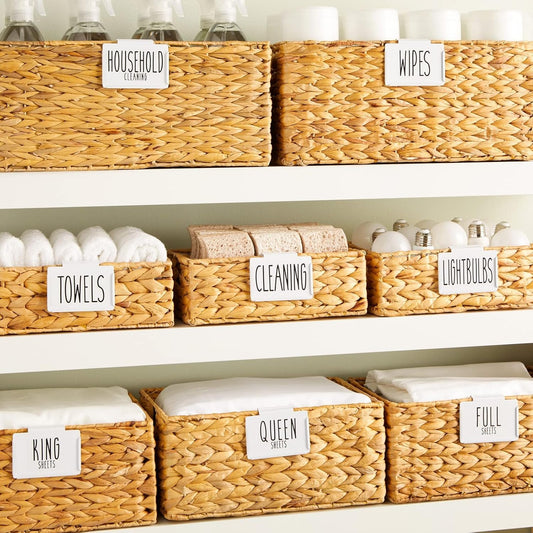 Talented Kitchen Storage Bin Label Holder Set - Easy-On Clip-On Tags for Storage Bins - 70 Preprinted Pantry Labels for Containers & Baskets - 8-Pack, 3.5" x 2.5", White