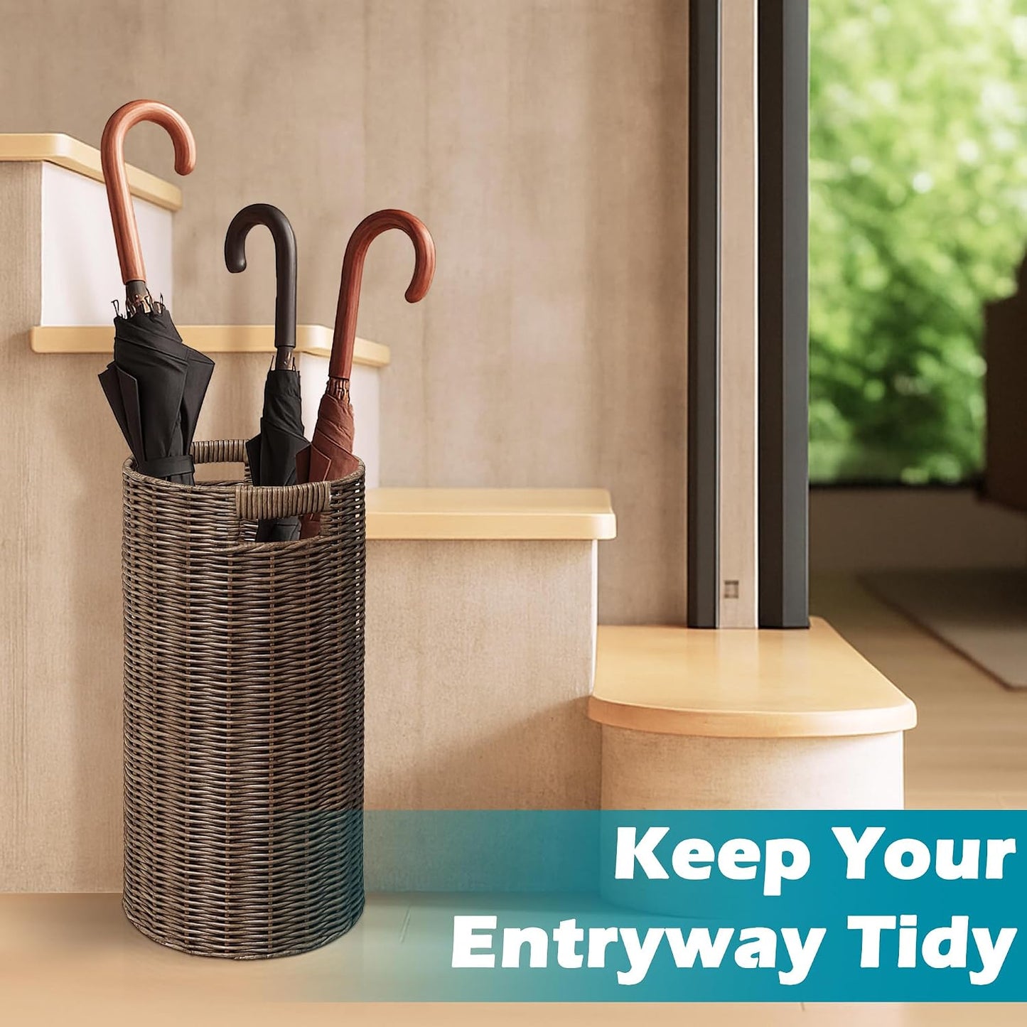 Rattan Umbrella Holder 21"H X 10"D, Handmade Wicker Umbrella Stand Indoor with Dip Tray, Sturdy Umbrella Holders for Entryway, Umbrella Bucket Fits Mudroom,Walking Canes,Home,Office (Brown)