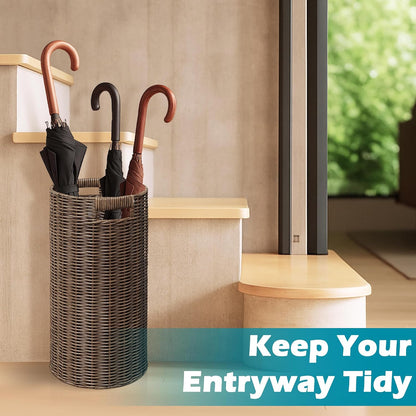 Rattan Umbrella Holder 21"H X 10"D, Handmade Wicker Umbrella Stand Indoor with Dip Tray, Sturdy Umbrella Holders for Entryway, Umbrella Bucket Fits Mudroom,Walking Canes,Home,Office (Brown)
