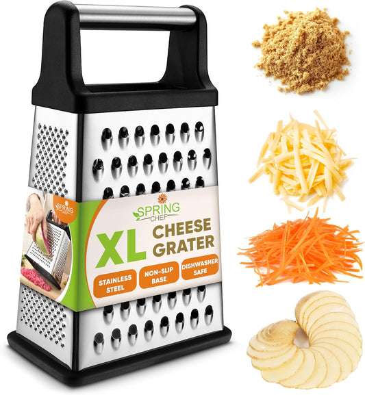 Spring Chef Stainless Steel XL Cheese Grater for Kitchen, Green | 4 Sided Manual Metal Box Grater for Carrot, Potato, Cabbage, Cheese Shredder, Professional Vegetable Grater, Dishwasher Safe