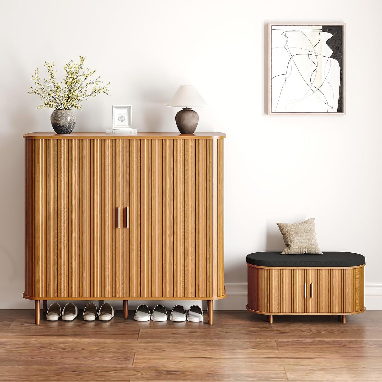 DHH Shoe Storage Cabinet with Sliding Door, 6-Tier Shoe Cabinet with Adjustable Shelves, Modern Freestanding Shoe Storage Organizer for Entryway, Hallway, Living Room (Walnut, 47 ")