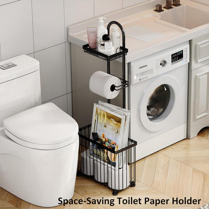 Freestanding Toilet Paper Holder Toilet Tissue Rack Scroll Stand Roll Dispenser with Storage Shelf Reserve for Phone Tablet Magazine Bathroom Organizer Bath Tissue Organizer (Silver)