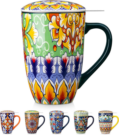vancasso Ceramic Tea Mug with Infuser and Lid, 18 Ounce Bohemian Loose Leaf Cup, Microwave & Dishwasher Safe, Perfect for Tea, Coffee, Burnt-Cobalt Mandala