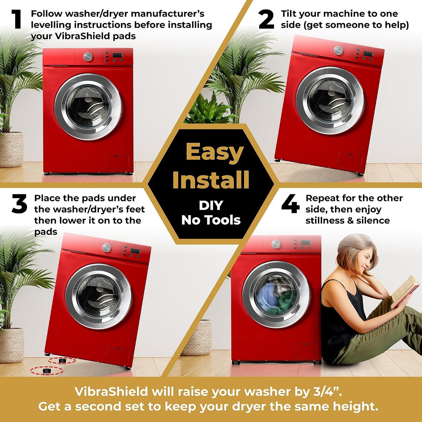 Anti Vibration Pads for Washing Machine & Dryer, Fit Feet to 2.5in 4 Pack | Stops washer walking, moving; non-slip HexaGrip; rubber shock absorber, stabilizer; spin cycle noise reducer