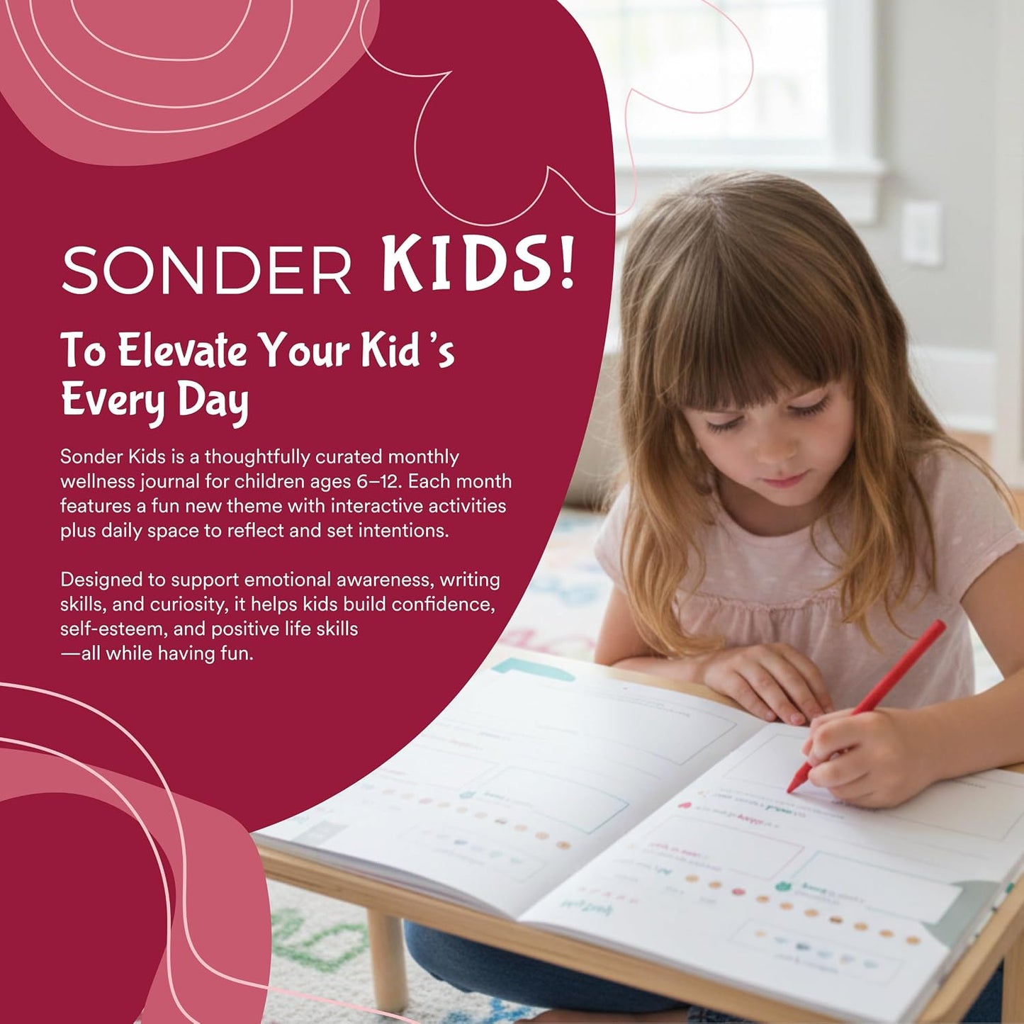 Sonder Kids Wellness Gratitude Journal - Kids Journal for Girls and Boys, Hands-On Activities like Crosswords, Coloring and Nature Prompts, Undated, Ages 6-12, 56 pages