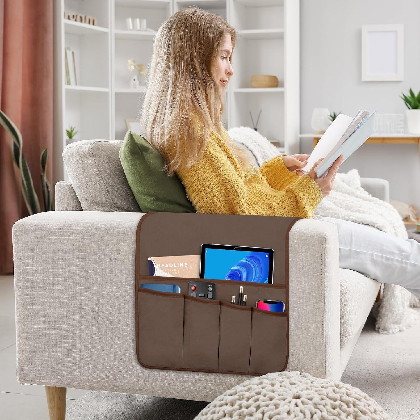 Remote Control Holder for Armchair Caddy, Remote Holder with 5 Pockets | Couch TV Remote Holder with Non-Slip Base, Bedside Caddy Organizer for Key Glasses Phone Magazine (Blue, 35"x12.4")