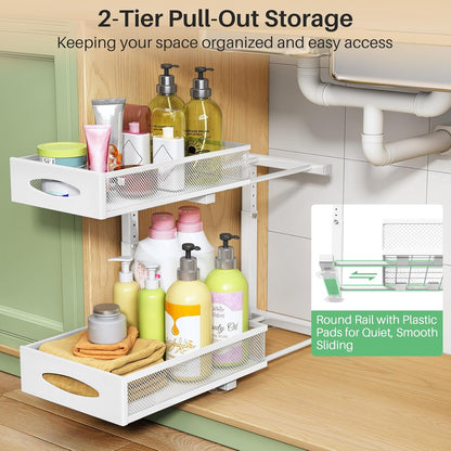 Under Sink Organizer, 2 Tier Pull out Cabinet Organizer Baskets with Mesh Sliding Drawers, Slide out Storage Shelf for Home, Kitchen, Bathroom, Pantry, Office Cabinet, Countertop(1 Pack)
