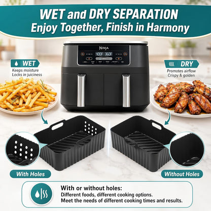 Szyeequoo Silicone Air Fryer Liners 2 Pack for Ninja Dual Zone, 1 Perforated and 1 Solid, Rectangle Reusable Liners for DZ201 DZ401 DZ550 DZ302, COSORI 9QT Instant Chefman Dual Basket Air Fryers