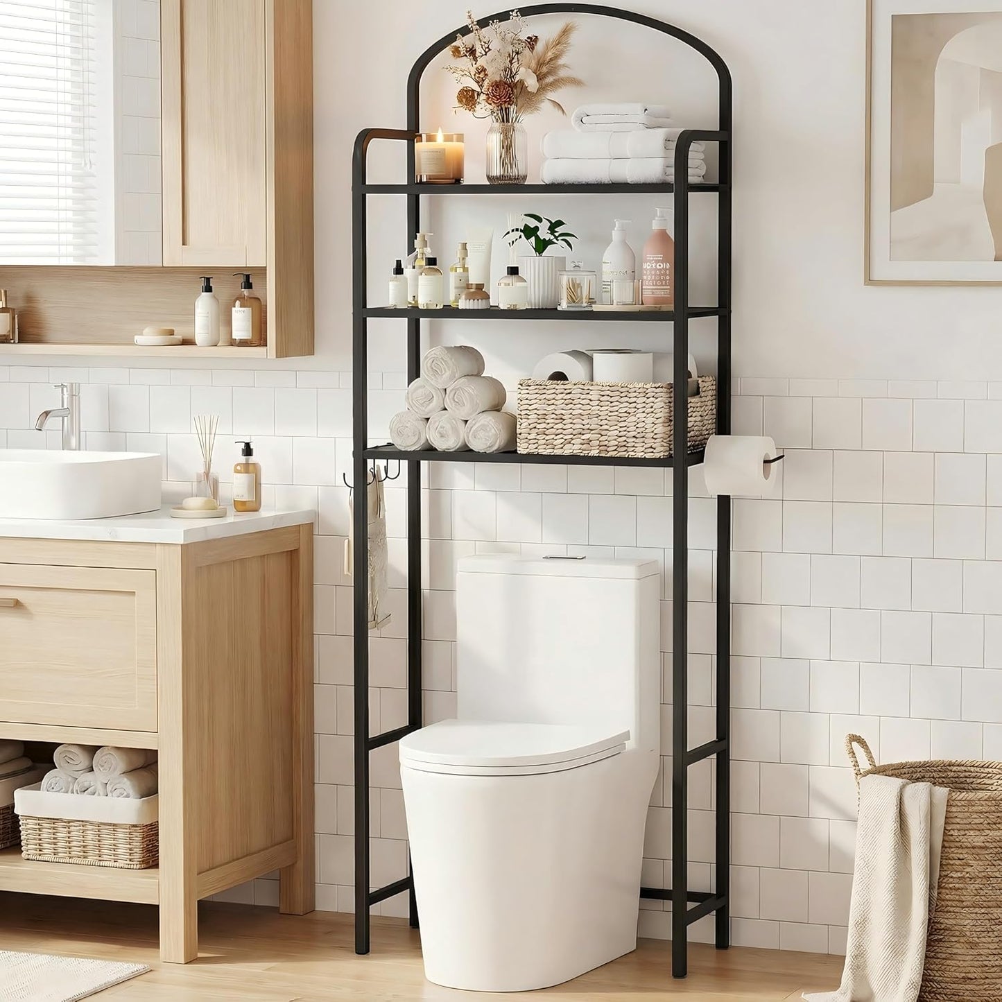 3 Tier Over The Toilet Storage Rack, Bathroom Organizer | Toilet Storage with 4 Hooks & Paper Holder, Space-Saving, Freestanding Bathroom Shelf, Metal, White