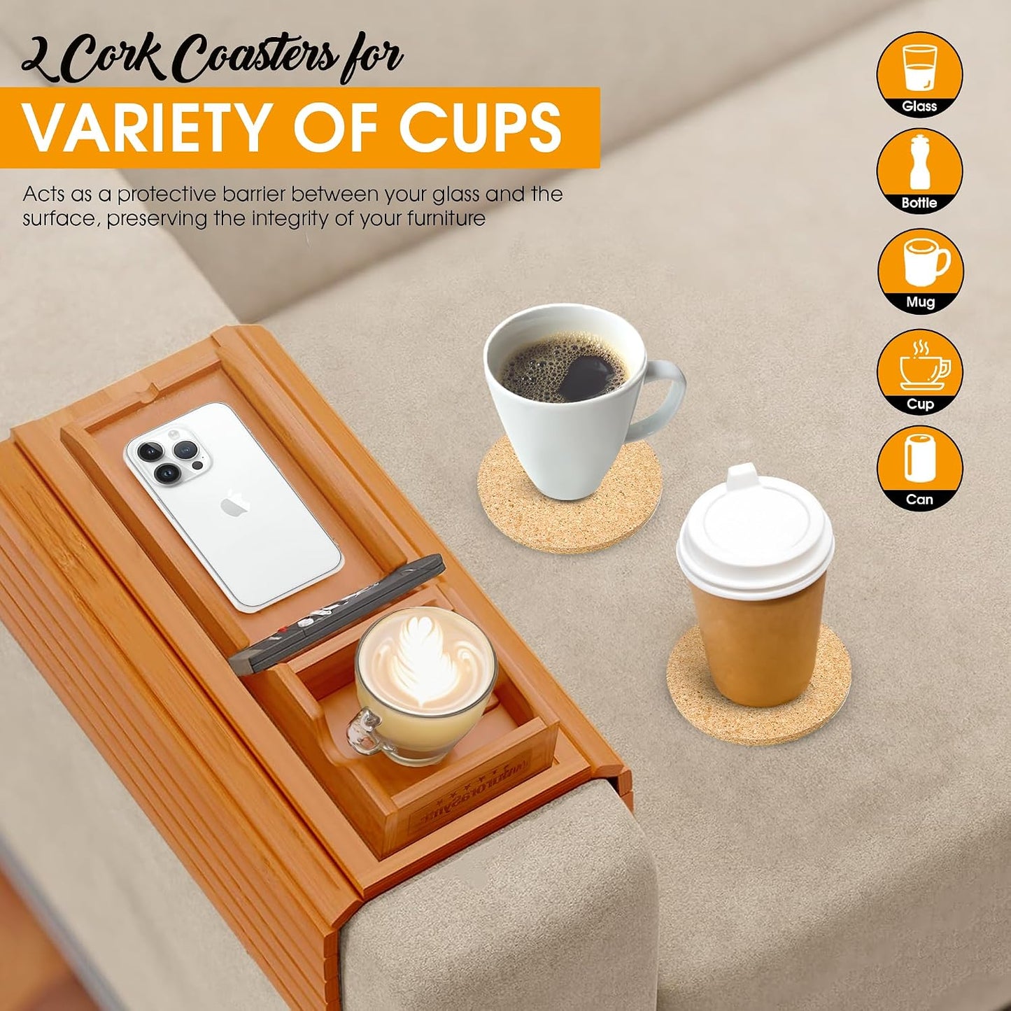Bamboo Couch Cup Holder, 2 Cork Coasters, Anti-Slip Foldable Couch Arm Tray | 2 in 1 Foldable Sofa Arm Tray, Couch Armrest Table, Anti-Spill Couch Arm Table for Drinks TV Remote Cellphone Snacks