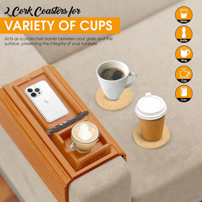 Bamboo Couch Cup Holder, 2 Cork Coasters, Anti-Slip Foldable Couch Arm Tray | 2 in 1 Foldable Sofa Arm Tray, Couch Armrest Table, Anti-Spill Couch Arm Table for Drinks TV Remote Cellphone Snacks