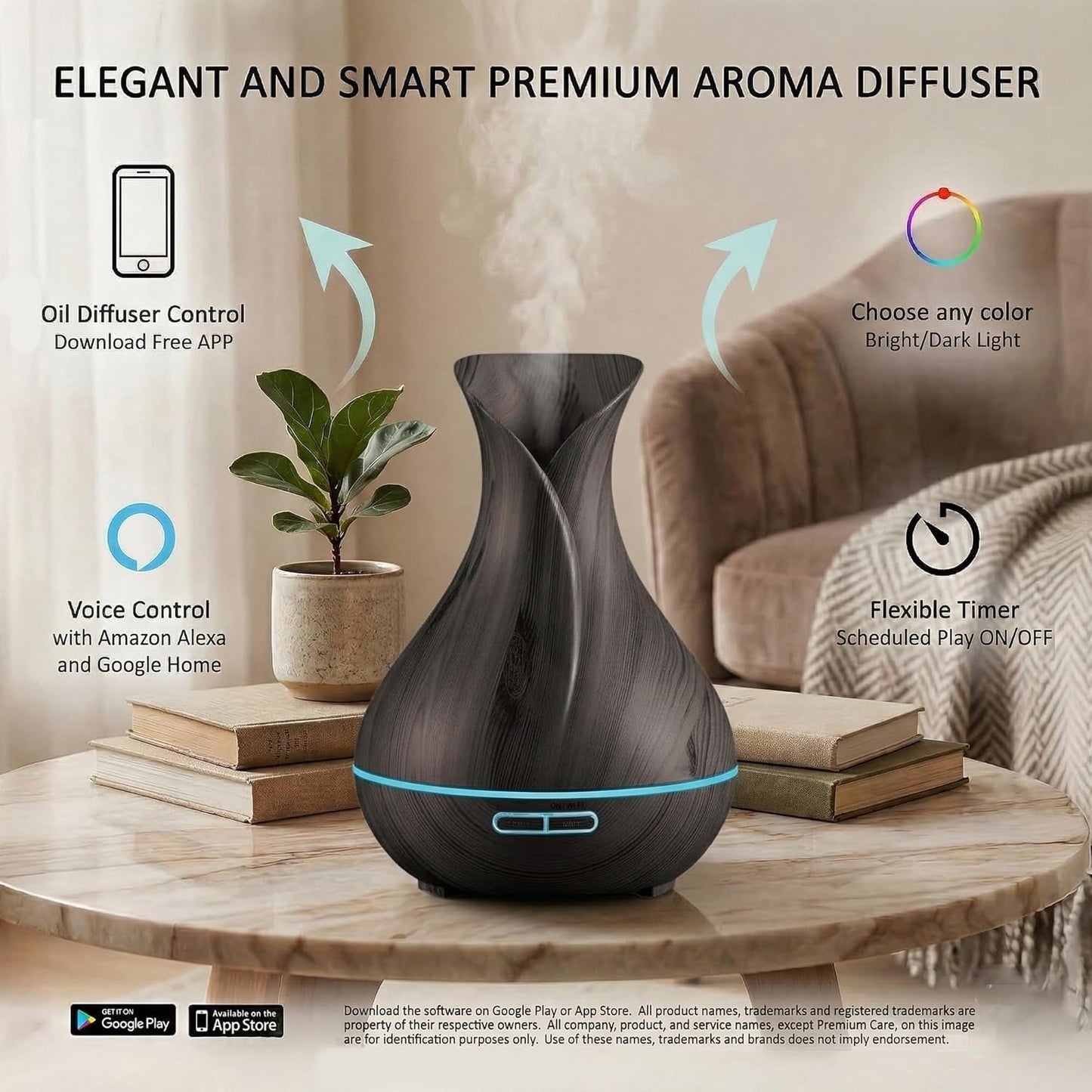Sierra Modern Home Smart WiFi Humidifier - Aromatherapy Essential Oil Diffusers with App Control & Voice Control - Works with Alexa & Google Home - 400ml Ultrasonic Diffuser & Humidifier - Dark Brown