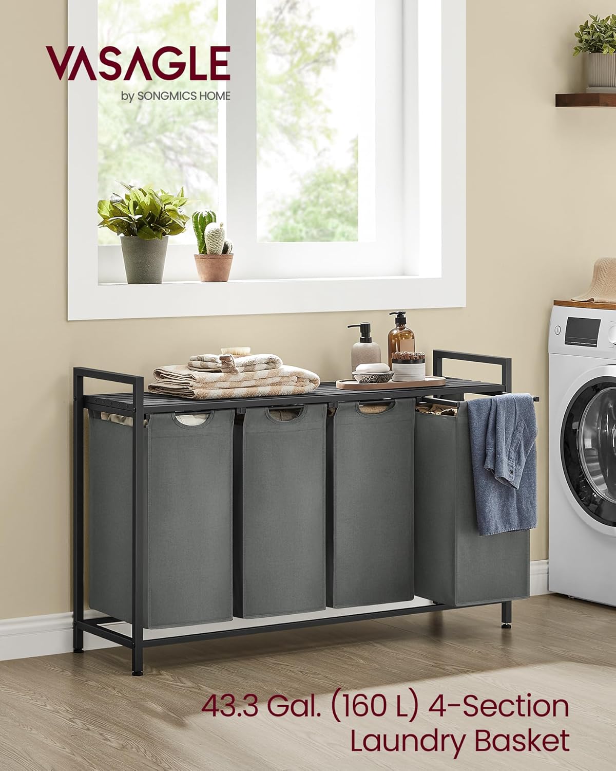 VASAGLE Laundry Hamper, Laundry Basket Sorter with 3 Pull-Out and Removable Bags, Shelf, Metal Frame, 3 x 10.6 Gallons (40 L), 36.4 x 13 x 28.4 Inches, Cappuccino Beige and Natural Beige UBLH301LH01