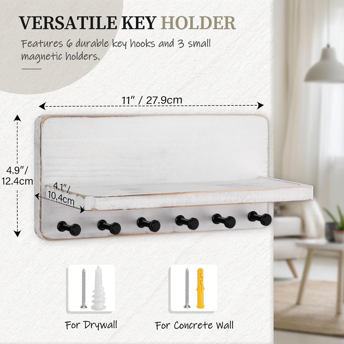 Nekon Key Holder for Wall with Shelf, Pine Wooden Key Hanger, Black | Small Wall Mounted Key Holder with 4 Hooks, Farmhouse Wall Organizer for Home Entryway & Apartment
