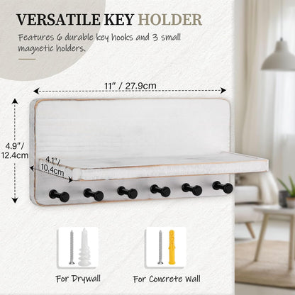 Nekon Key Holder for Wall with Shelf, Pine Wooden Key Hanger, Black | Small Wall Mounted Key Holder with 4 Hooks, Farmhouse Wall Organizer for Home Entryway & Apartment