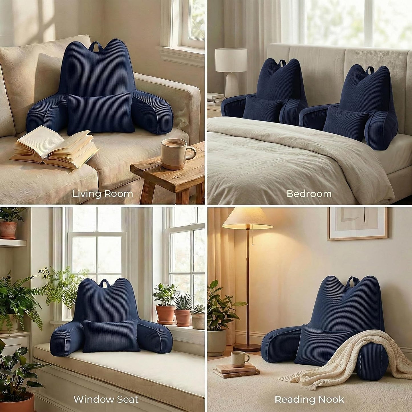 Patented Design Reading Pillow with Arms for Sitting Up, 2-in-1 Bed Rest Pillow with Detachable Lumbar Support, Backrest Support Cushion for Couch with Side Pockets & Handle, Beige Gray