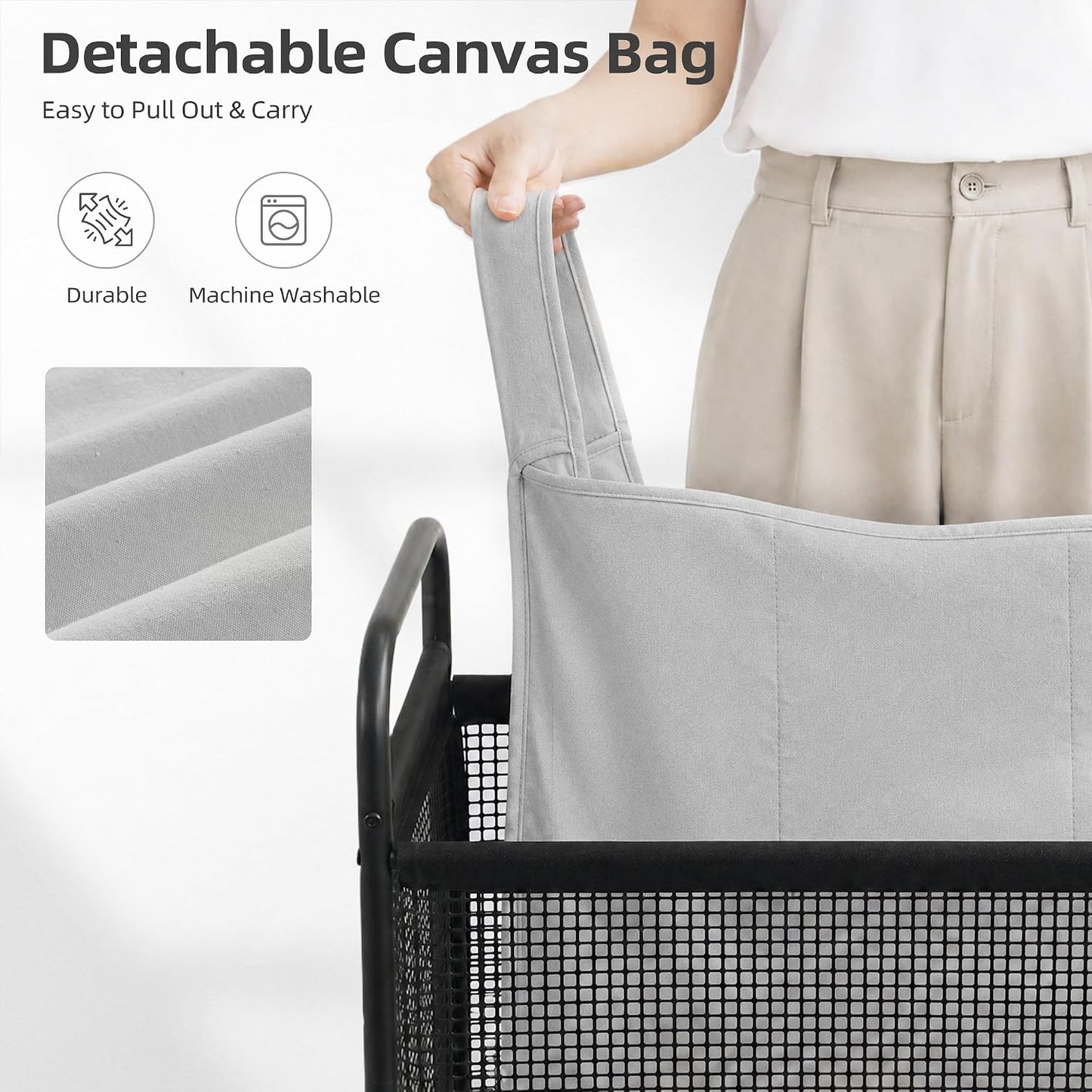 STORAGE MANIAC Rolling Laundry Hamper with Wheels 2-Section Laundry Sorter Rolling Laundrys Basket on Wheels with Removable Bag Clothes Hamper Laundrys Organizer Cart Bathroom Bedroom 100L Beige