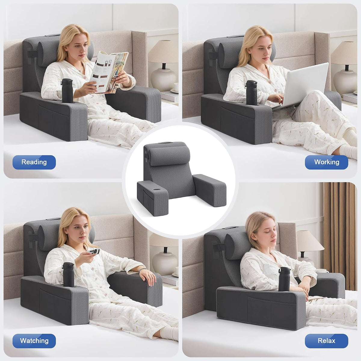 Reading Pillow for Sitting in Bed Adult, Back Pillow for Bed Sitting up with Arms, Pockets and Cup holder, Sit Up Backrest Pillows for Beds Chair Support, Rest Pillow for Gaming (Light gray)