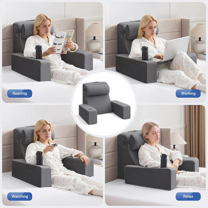 Reading Pillow for Sitting in Bed Adult, Back Pillow for Bed Sitting up with Arms, Pockets and Cup holder, Sit Up Backrest Pillows for Beds Chair Support, Rest Pillow for Gaming (Light gray)