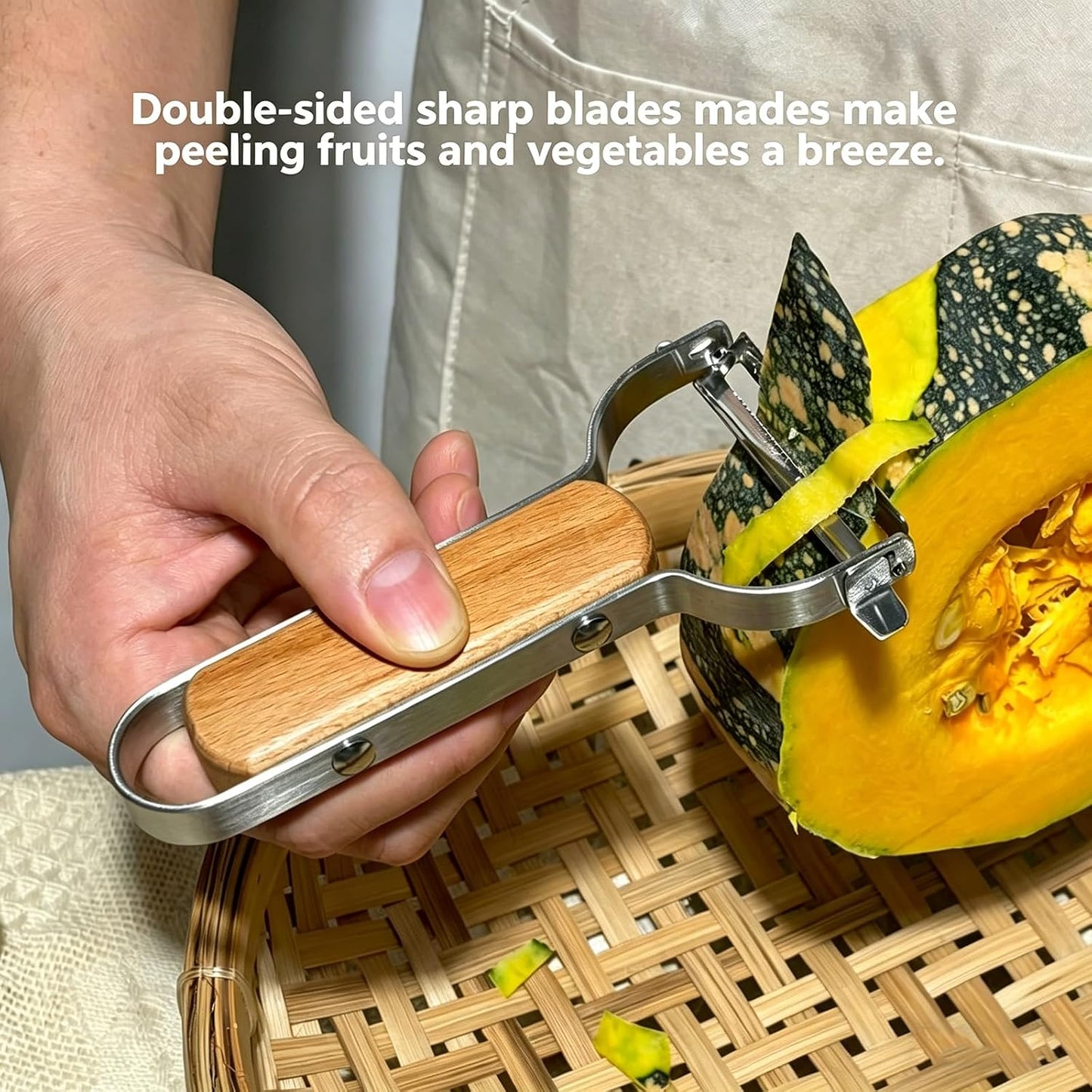 Large Y Veg Peeler, Wide Serrated Stainless Steel Blade Wood Handle | Practical cabbage peeler with built-in potato eye remover, lightweight compact kitchen tool. Ideal gift for home cooking