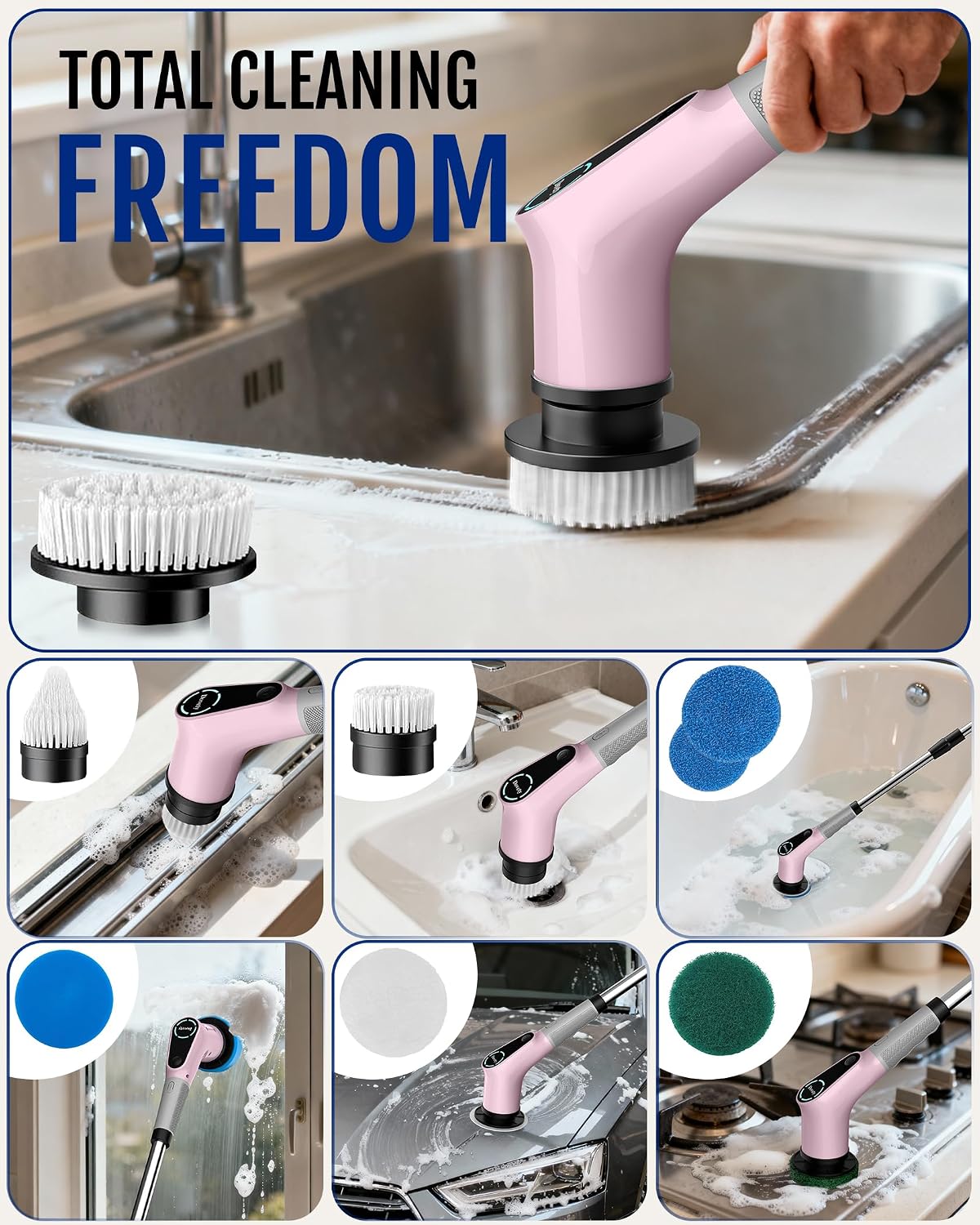 Dovety Electric Spin Scrubber, Extendable Handle, 8 Brush Heads-WH | 90-minute long runtime, Type-C fast charging, multi-scene cleaning tool for shower, bathtub, tile and bathroom scrubbing