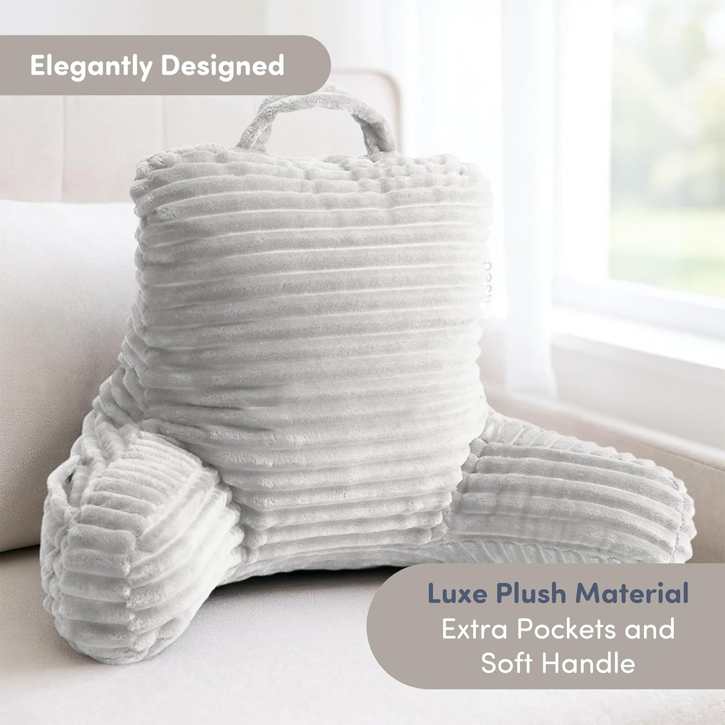 Nestl Reading Pillow with Shredded Memory Foam, Luxe Cut Plush Back Pillow for Sitting Up in Bed, Back and Arms Adjustable Support for Adult & Teens, Backrest Pillows with Washable Cover Dark Grey