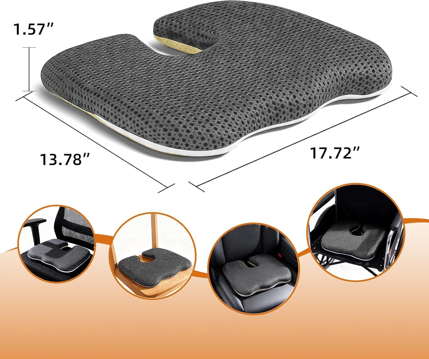 Gooo&Ma Air Fiber Seat Cushion, U-Shape Tailbone Comfort, Black | Thin design for office/car, breathable air fiber cooling, ergonomic, washable, non-slip, portable, 17.7"x13.8"x1.6"