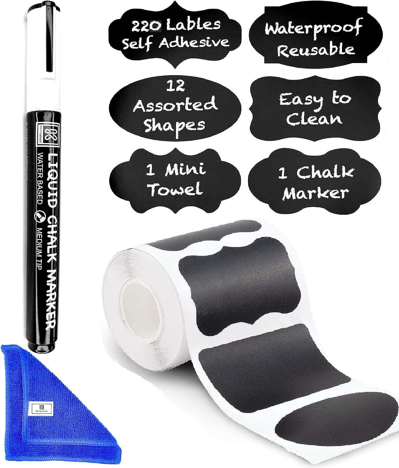 Chalkboard Labels for Jars, 162pcs Waterproof Reusable Stickers with Marker | 12 Shapes & 3 Sizes Chalk Sticker Labels for Jars & Containers, Easy-Wipe Labels Include Erasable Liquid Chalk Marker & Cloth