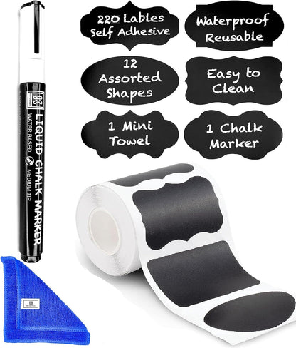 Chalkboard Labels for Jars, 162pcs Waterproof Reusable Stickers with Marker | 12 Shapes & 3 Sizes Chalk Sticker Labels for Jars & Containers, Easy-Wipe Labels Include Erasable Liquid Chalk Marker & Cloth