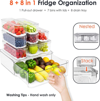 SMRCAD 6 Pack Clear Fridge Organizer Bins with Drain Trays - Stackable | BPA-Free PET, 6 Pack: 6 lidded Bins (Not drawer), Helps Keep Produce Fresh, 14L Capacity, Hand Wash Only