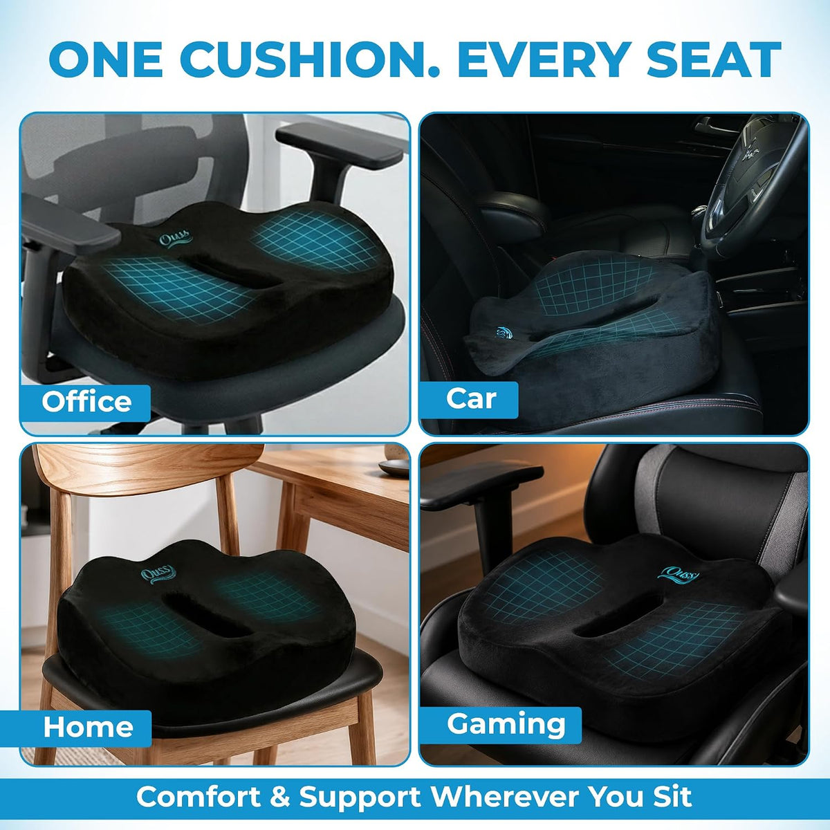 Seat Cushion, for Office Chairs, Coccyx & Tailbone Pain Relief, Ergonomic Design, Memory Foam, Non-Slip Washable Cover, for Office, Car, Wheelchair, Gaming