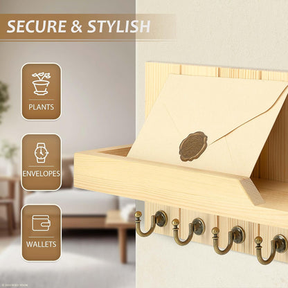 Rebee Vision Key Holder Wall Mount with 5 Key Hooks for Home Decor, Brown | 3.54'' x 10'' x 7.28'', Small Shelf for Display Plant, Key Hangers for Hat, Entryway Space-Saving Storage