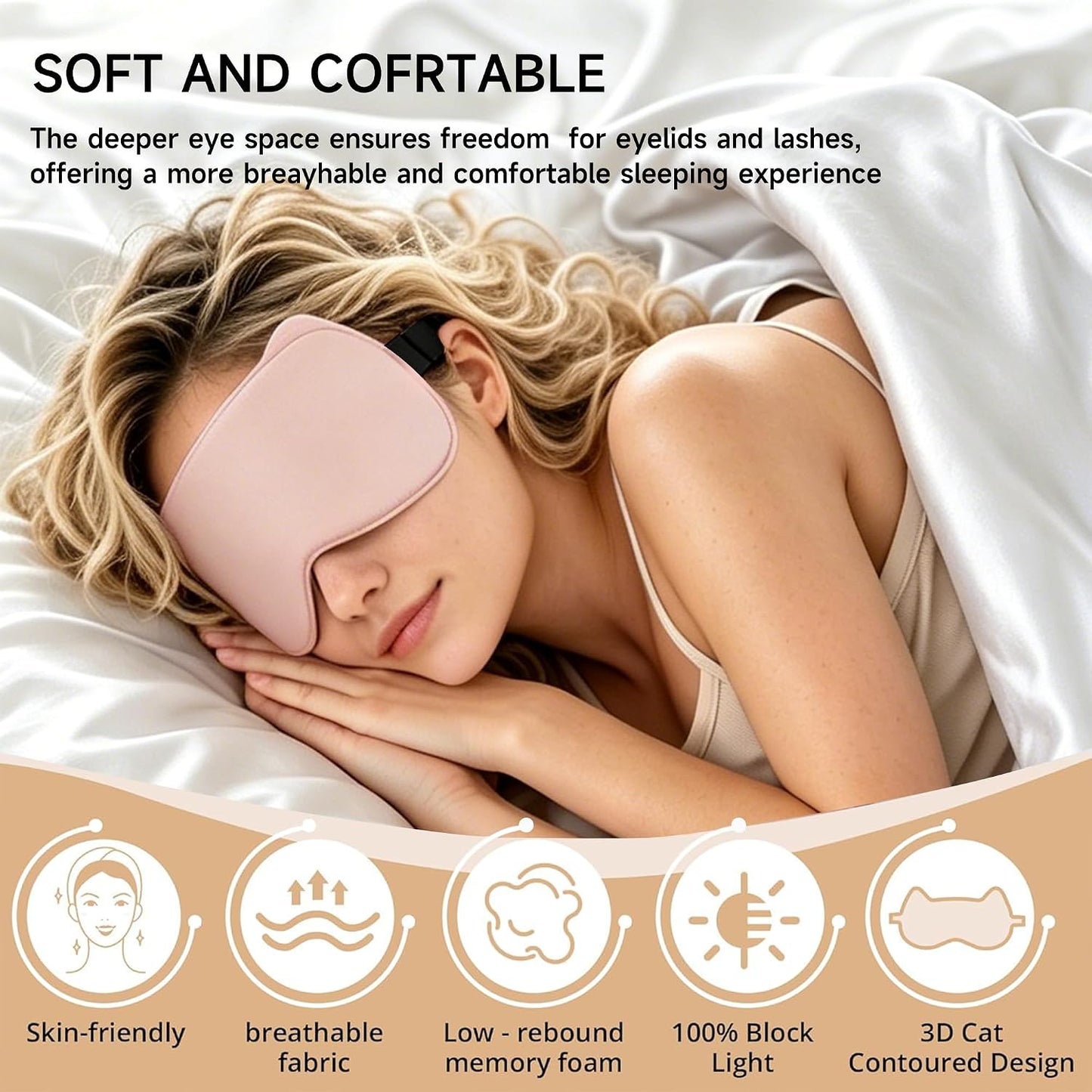 3D Blackout Sleep Mask, Memory Foam Eye Cover for Travel | Zero pressure 3D contoured design with adjustable strap. Perfect for side sleepers, travel, and lash extensions.