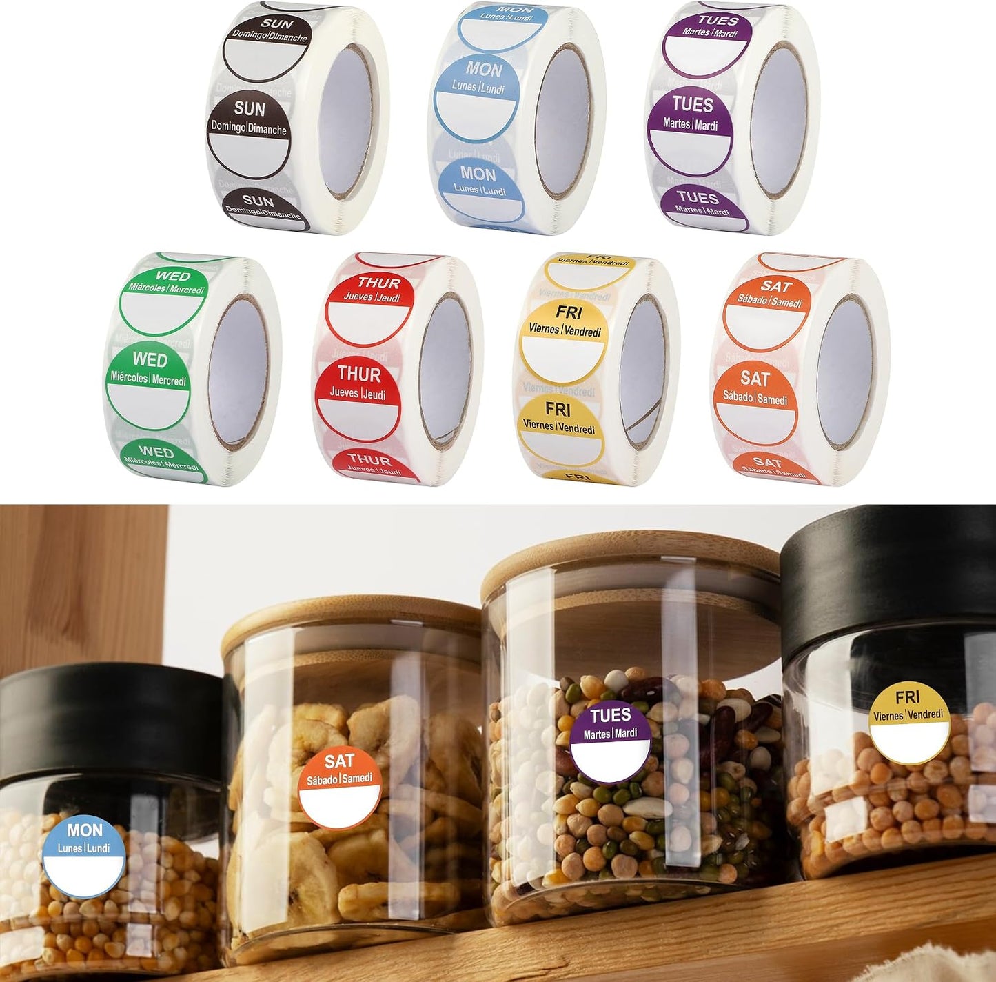 3500 Pcs 7 Rolls Removable Day Food Labels, 1'' Mon-Sun Weekly Date Stickers, Food and Restaurant Inventory Management Labels for Kitchen Containers & Meal Prep Self Adhesive Tri-lingual Labels