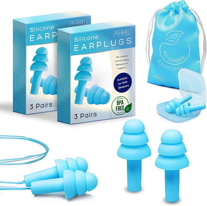 Soft Ear Plugs for Sleeping Noise Reduction, Made of Silicone, Suitable for Sleeping & Swimming, Soft Reusable Earplugs for Noise Reduction, Adjustable Size for Concerts & Snoring (3 Pairs)