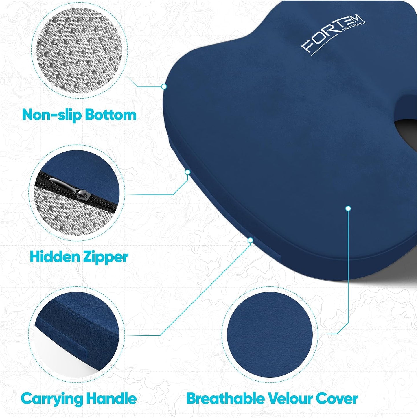 FORTEM Seat Cushion, Office Chair Cushion, Memory Foam Car Seat Cushions, Sciatica Coccyx Tailbone Pain Relief, Chair Cushions for Back Support, Sitting Pad for Gaming, Washable Cover, Non Slip
