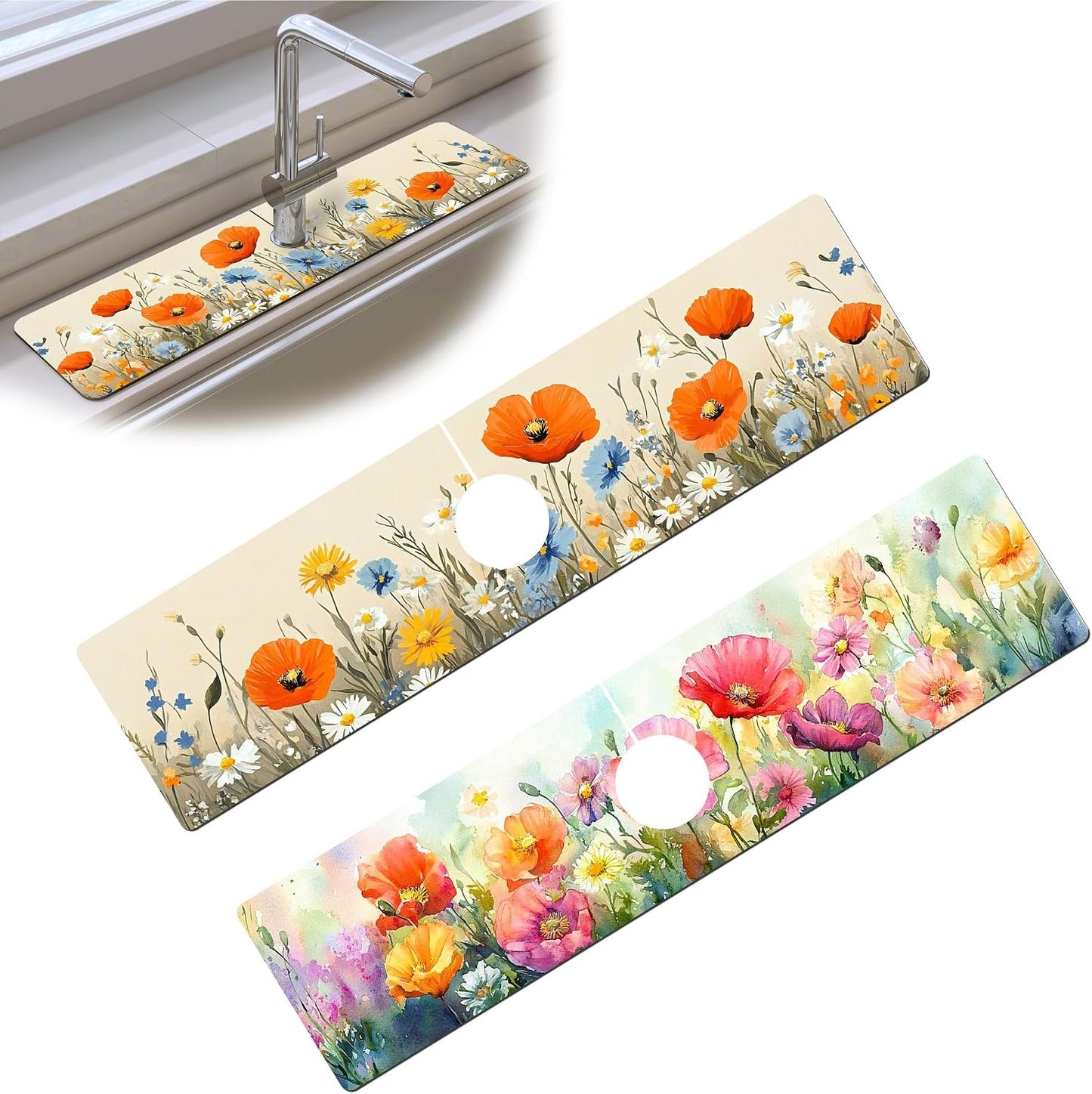 Bimkole 2 PCS Faucet Absorbent Mat, Kitchen Faucet Sink Splash Guard Wraparound Cloth Pads Drip Catcher for Sink Faucet for Kitchen Bathroom Faucet, Colorful Faucet Mat, 15 x 4 Inch Flower A6