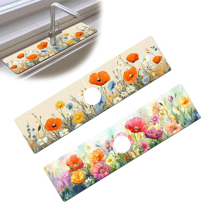 Bimkole 2 PCS Faucet Absorbent Mat, Kitchen Faucet Sink Splash Guard Wraparound Cloth Pads Drip Catcher for Sink Faucet for Kitchen Bathroom Faucet, Colorful Faucet Mat, 15 x 4 Inch Flower A6