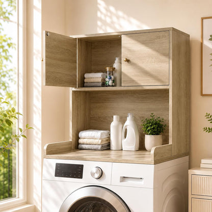Laundry Storage & Organization (Oak) | Washer and Dryer Topper with Edge, Over Washer and Dryer Shelves for Laundry Room, Universal Fit, 27.5"Wx27.5"Dx29"H